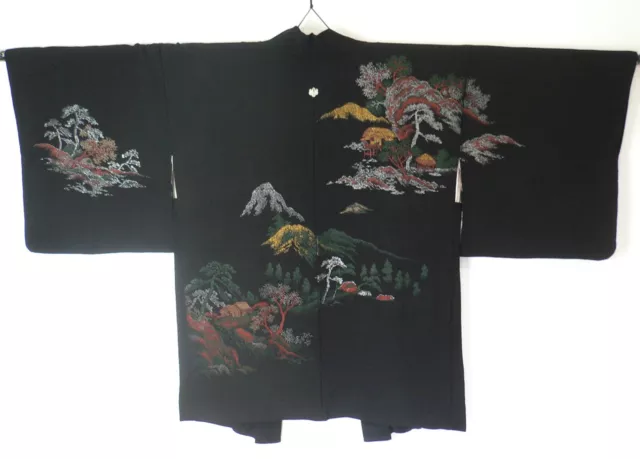 1950s Vintage Japanese Black Silk Haori Kimono Jacket Urushi Woven Rural Scenery