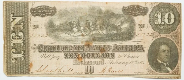1864 Series Ten Dollar Confederate Banknote $10 Bank of Richmond