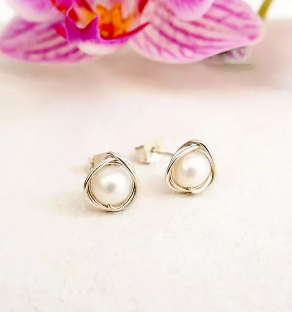 Freshwater Pearl Stud Earrings Sterling Silver Handmade Wedding, Birthstone Gift