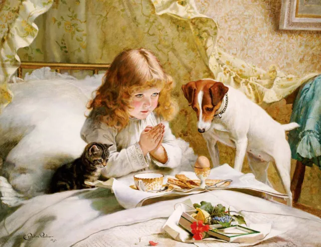Charles Burton Barber "Suspense" breakfast cat dog toast victorian Brown Artwork