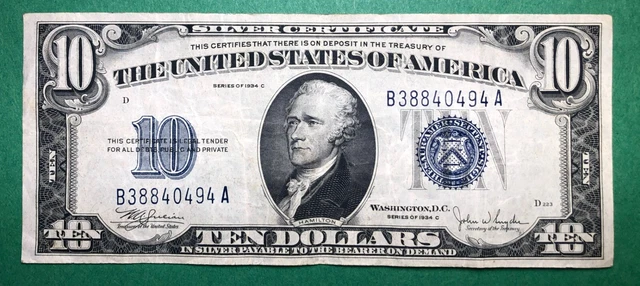 1934 C - $10 Dollar - Silver Certificate - Blue Seal - Very Fine