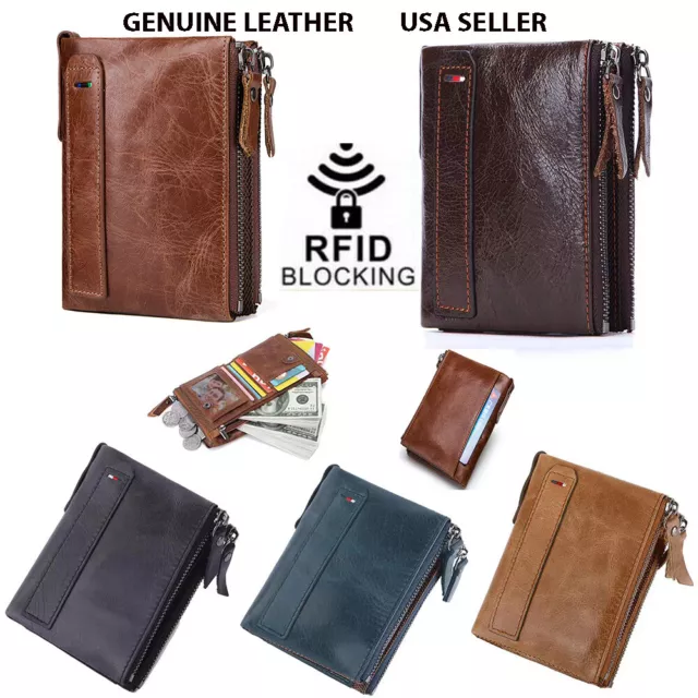 DZ Men's Real Genuine Leather Bifold Double Zipper Coin Pocket Purse RFID Wallet