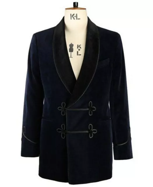 Uomo Blu Navy Fumare Velluto Giacche Nero Bavero Cena Indossare Cappotti Blazers