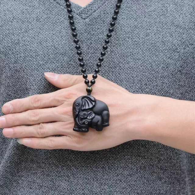 Natural Black Obsidian Hand Carved Cute Elephant Lucky Pendant Beads Necklace vm