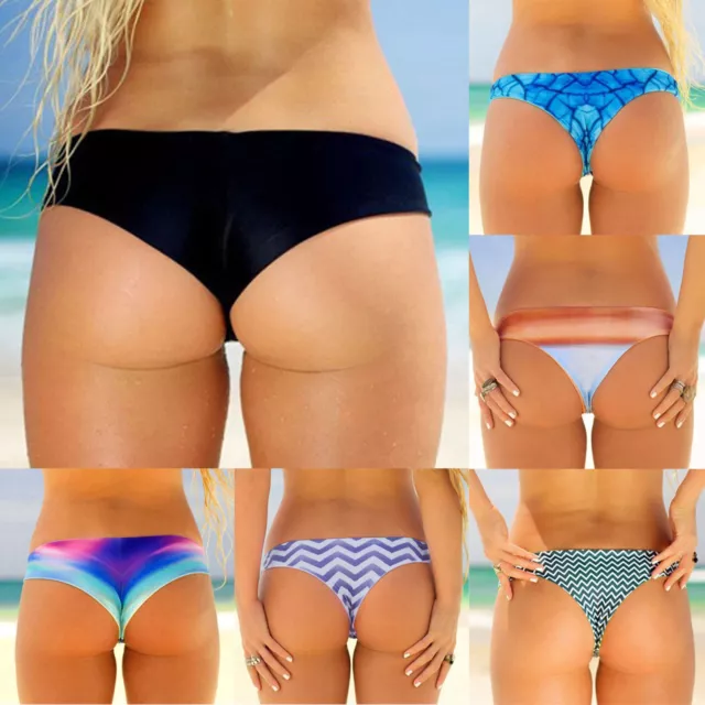 Women Vintage Print Low Waist Brazilian Bikini Bottom Swimwear Briefs Beachwear