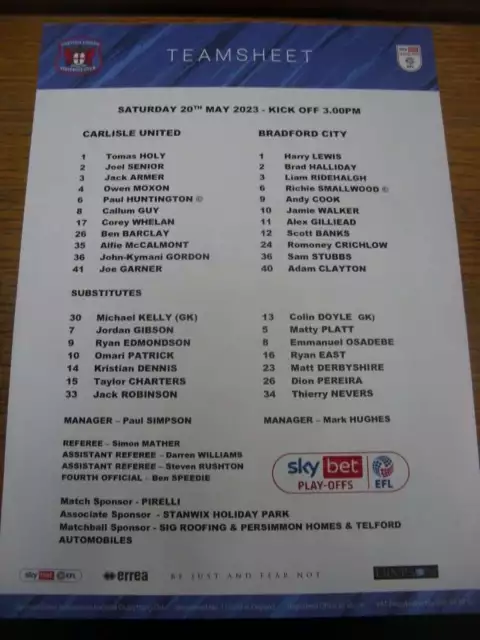 20/05/2023 Colour Teamsheet: Play-Off Semi-Final League 2 - Carlisle United v Br