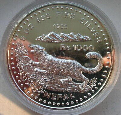Nepal 1988 Snow Leopard 1000 Rupees 5oz Silver Coin,Proof