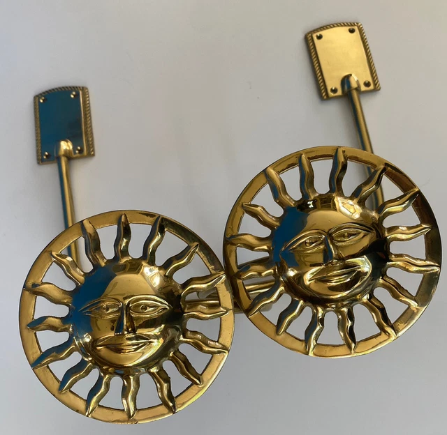 2 Vintage Brass Sun Face Drapery Holdbacks Curtain Tiebacks w Hardware Celestial