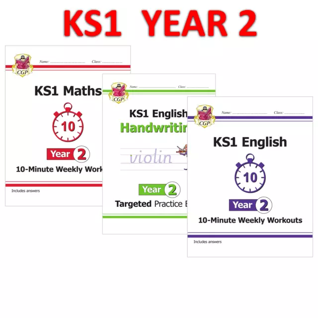 KS1 Year 2 Maths English Handwriting 3 Books Bundle with Answer Ages 6-7 Cgp