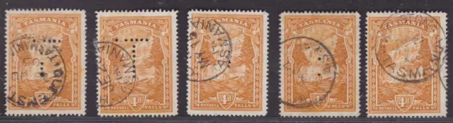 TASMANIA SUPERB 1904-09 4d Orange PICTORIAL 'T' PERFIN LOT X5 FINE USED (NG136)