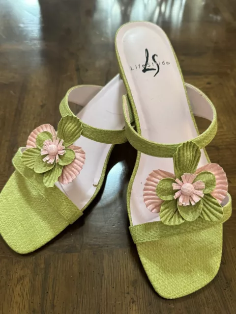 LifeStride Womens Sandals Jonquil Block Heels Slip On Floral Lime/Pink Size 8