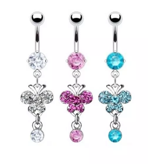 Gem Butterfly Cz Drop Belly Navel Ring Dangle Button Piercing Jewelry B88