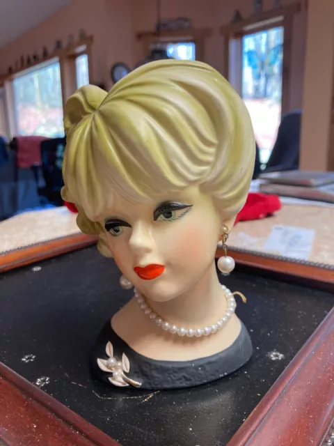 Lady Head Vase Napcoware C7472 Japan Blonde Black Dress Necklace Pearl Earrings