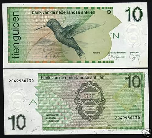 Netherlands Antilles 10 Gulden P23 C 1994 Carib Bird Unc Money Animal Bank Note