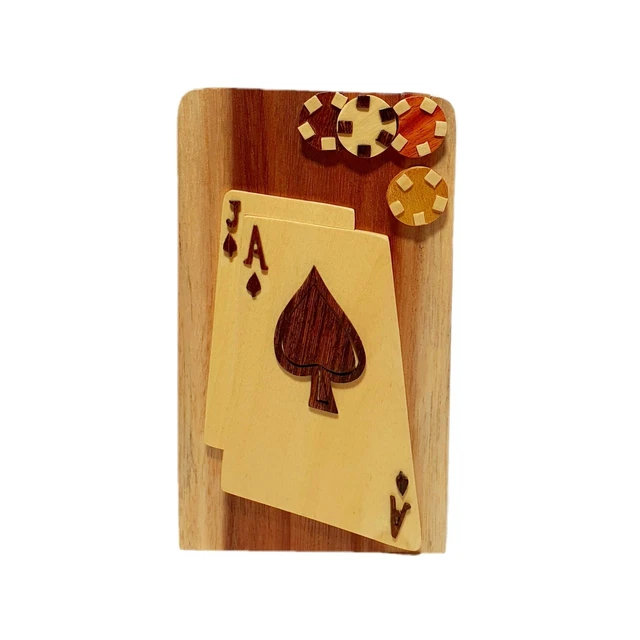 Black Jack Poker Chips Gambling Casino hand-carved puzzle box with No Paints!...