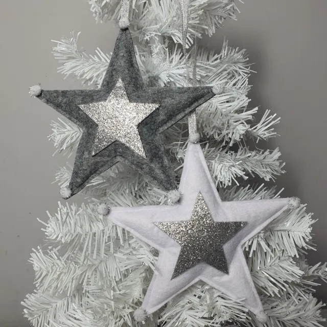 Christmas Handmade White/Grey Felt Hanging star shaped Decoration pom poms  x2