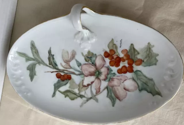 Vintage WG & Co Limoges France Hand Painted Serving Tray Winter Berry Loop Hold