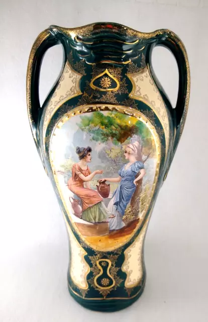 Antique Josef Strnact Green Ceramic Vase with 2 Women Made in Austria