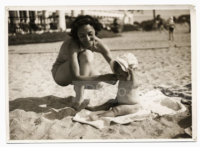 Young Woman and Her Baby at the Beach, Deauville, Life Scene - Vintage 1932 Photo