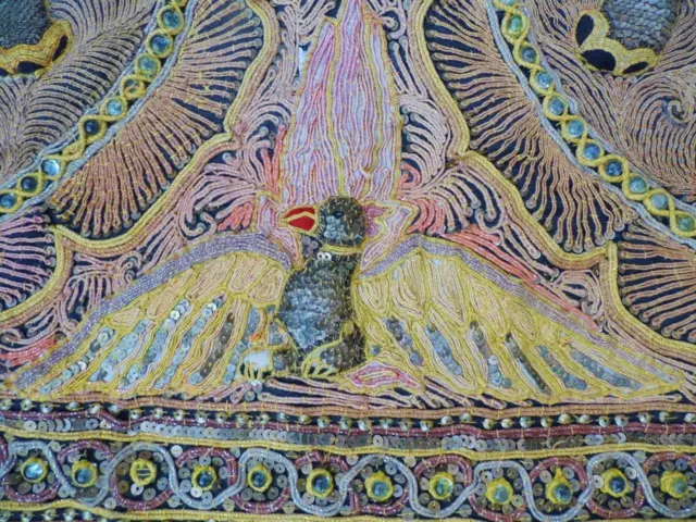 Fine Antique Burmese Kalaga Wall Tapestry Bead Glass Sequins Elephant Embroidery 6