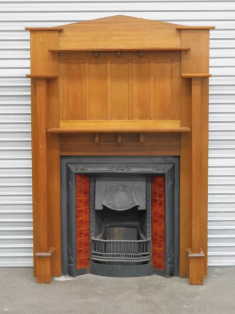 Fireplace from Californian Bungalow, Timber Mantel and Tiled Cast Iron Inner,...