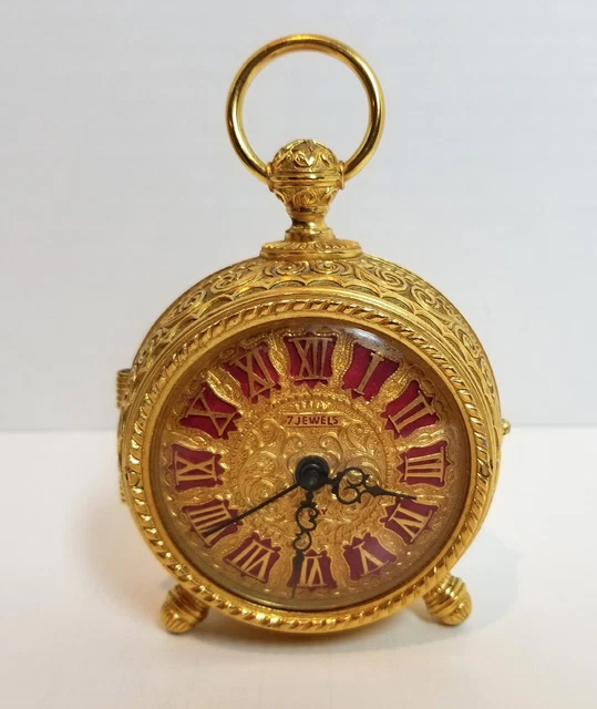 Vintage Schmid Du Chateau Clock 7 Jewel 8 Days Wind Up w Alarm Gold Tone & Red Vintage Schmid Du Chateau Clock 7 Jewel 8 Days Wind Up w Alarm Gold Tone & Red