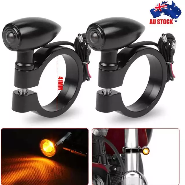 2x Motorcycle Indicators LED Turn Signal Light Amber For 41mm Fork Tubes Clamp