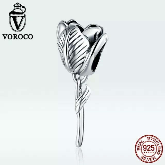 Voroco CZ Tulip Beads 100% Sterling silver DIY Charms Fit Bracelet Jewelry