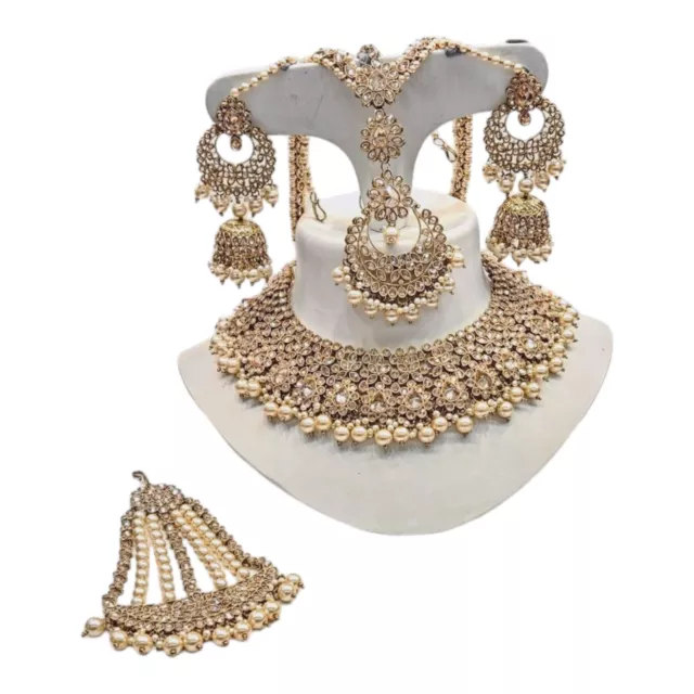 Indian Mini Bridal 5 Piece Jewellery Wedding Set In Gold With Pearl Beads