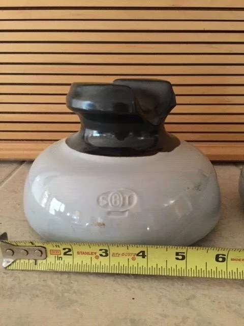 LARGE Vintage Ohio Brass Cable Top Gray Brown Porcelain Wire Insulator SBT Pole