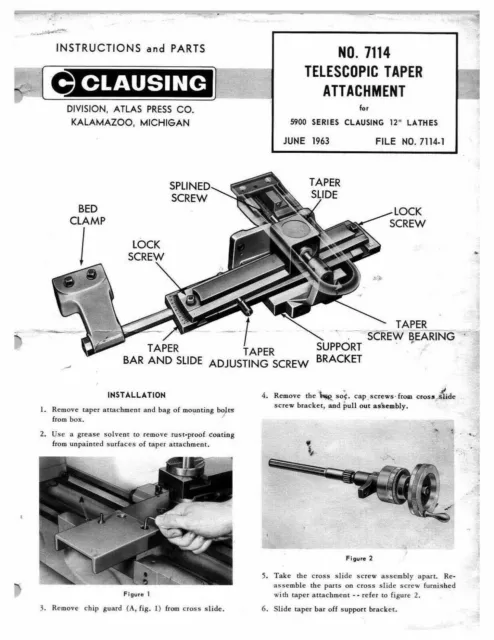 LATHE Taper Attachment Instructions & Parts Manual Fits 12" INCH CLAUSING 7114