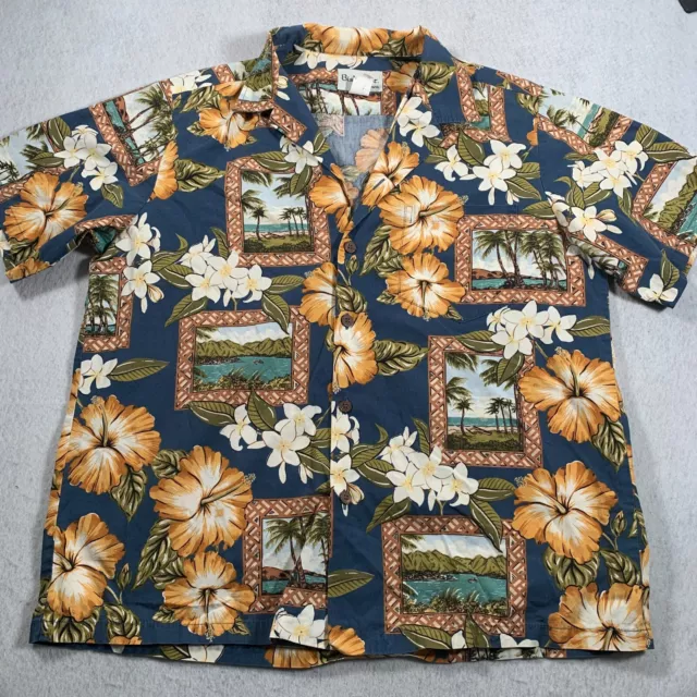 Bishop St Hawaiian Shirt Mens Medium Blue Floral Cotton Short Sleeve