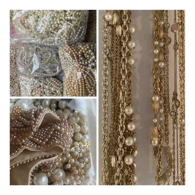 VTG/MoD jewelry Gold Chains ,Faux Pearl Crystal Beads necklace 3-4LBS untested