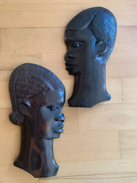 Pair of Ebony African Masks Faces Hand Carved Wooden Wall Plaques