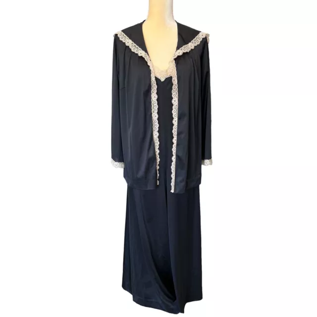 Vintage 70s Vanity Fair Set Womens 14 Jumpsuit  Nightgown Jacket Lace Black Made