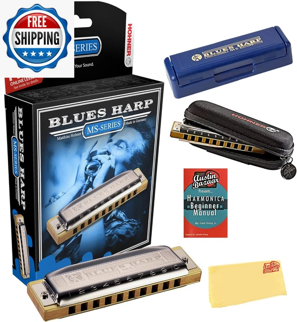 Hohner 532 Blues Harp MS Harmonica Bundle with Carrying Case, Pouch, Harmonica