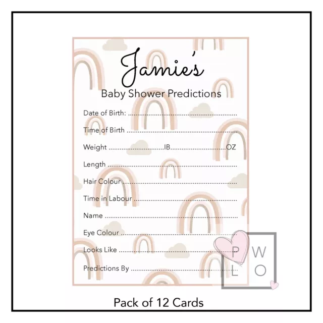 RAINBOW BABY SHOWER GAMES - Personalised Prediction Cards - Rainbow Neutrals