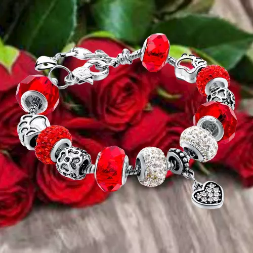 Bracelet - Perles Verre de Murano Rouge - Plaqué Argent 925 - Haute Qualité