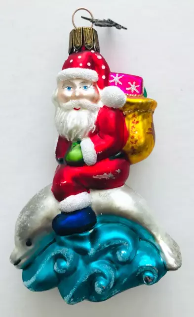 Glass Santa on Dolphin Christmas Ornament Made in Poland Hand Painted 4.25" 2002