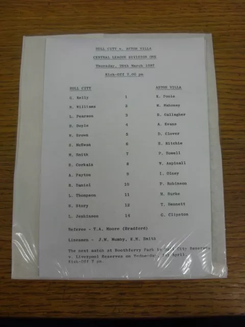 26/03/1987 Hull City Reserves v Aston Villa Reserves  (single sheet). Footy Prog