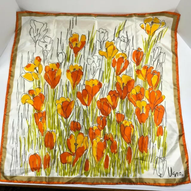 Vera Japan Orange Floral Scarf Polyester Small 22" Square Hand Rolled Hem