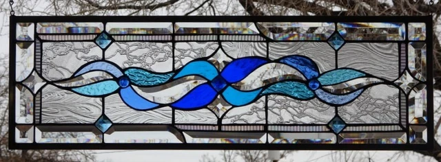 Abstract Stained Glass Transom window hanging 30 1/2  X 10 1/2   incl hooks