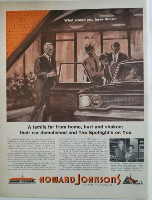 1964 Howard Johnson's hotel restaurants police officer car wreck vintage ad
