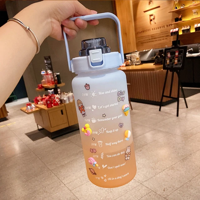 2L Water Bottle Straw Cup Sport Time Scale Jug w/ Stickers (Gradient Blue)