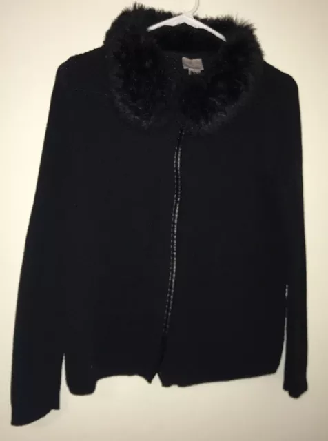 Chicos Jacket Coat Women Extra Small X S Black Faux Fur Collar Full Snap Front