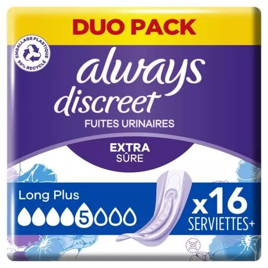 LOT DE 3 - ALWAYS - Discreet Long Plus Serviettes incontinence - Paquet de 16 se