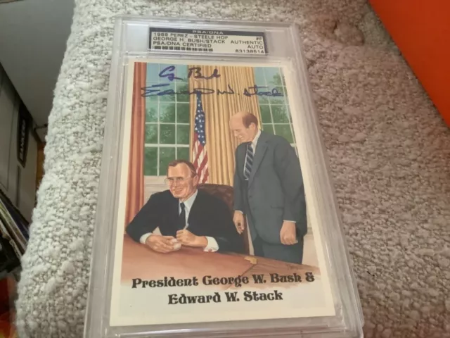 George Bush and Edward W. Stack 1989 Perez-Steele Postcard SIGNED BY BOTH PSA