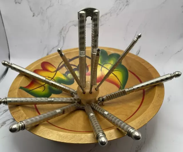Wooden Nut Cracker Bowl Set with 4 Metal Nut Crackers and 3 Picks VINTAGE Wooden Nut Cracker Bowl Set with 4 Metal Nut Crackers and 3 Picks VINTAGE