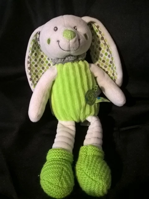 Peluche doudou Lapin blanc vert pois rond laine 28 cm oiseau etiquette etat neuf