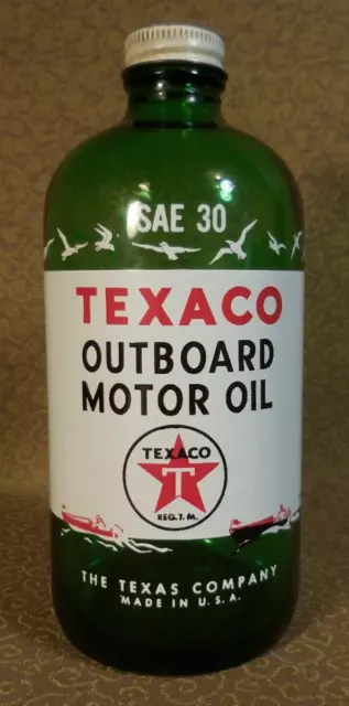 Vintage 1950's Texaco OUTBOARD MOTOR OIL SAE 30 Green Glass Bottle w Cap NICE